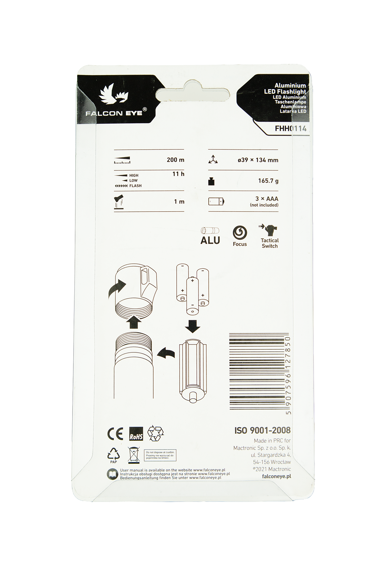 Taschenlampe, Falcon Eye ALPHA, 300 lm, mit Fokus