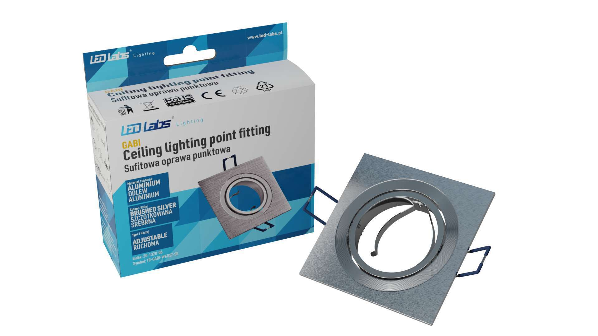 Deckenleuchte GABI quadratisch, verstellbar, gebürstet silber