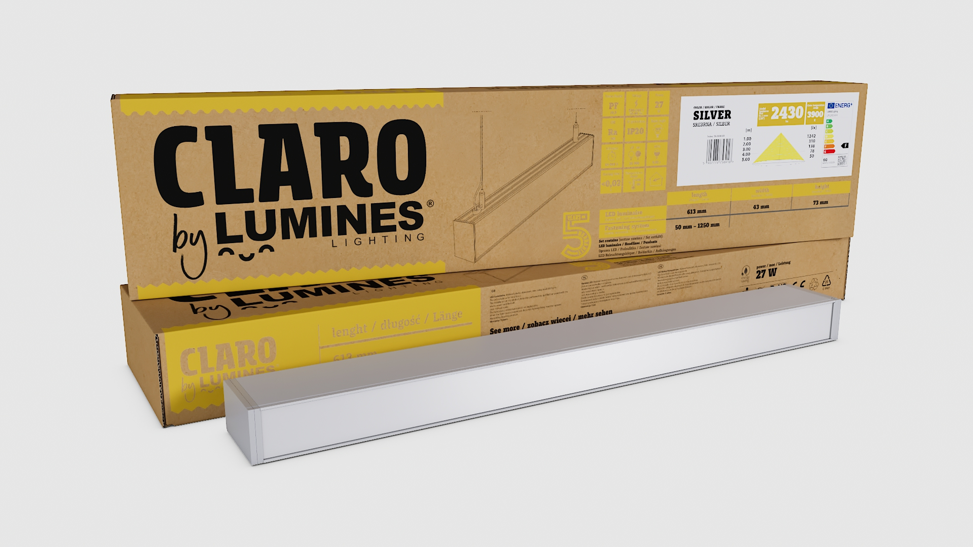 Beleuchtungskörper LUMINES Claro silbern eloxiert 4000K 180 cm