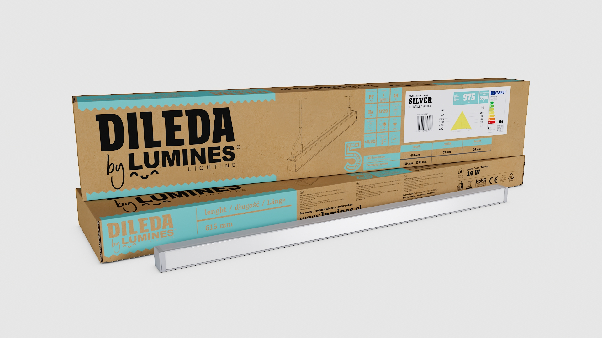 Beleuchtungskörper LUMINES Dileda silbern eloxiert 4000K 180 cm
